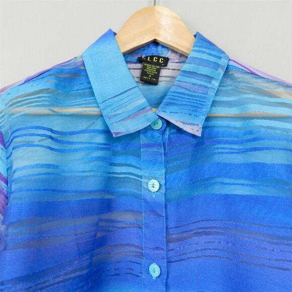 Erin London ELCC Sheer Burnout Striped Blouse Plus Size 1X Blue Multicolor Top - Picture 2 of 16